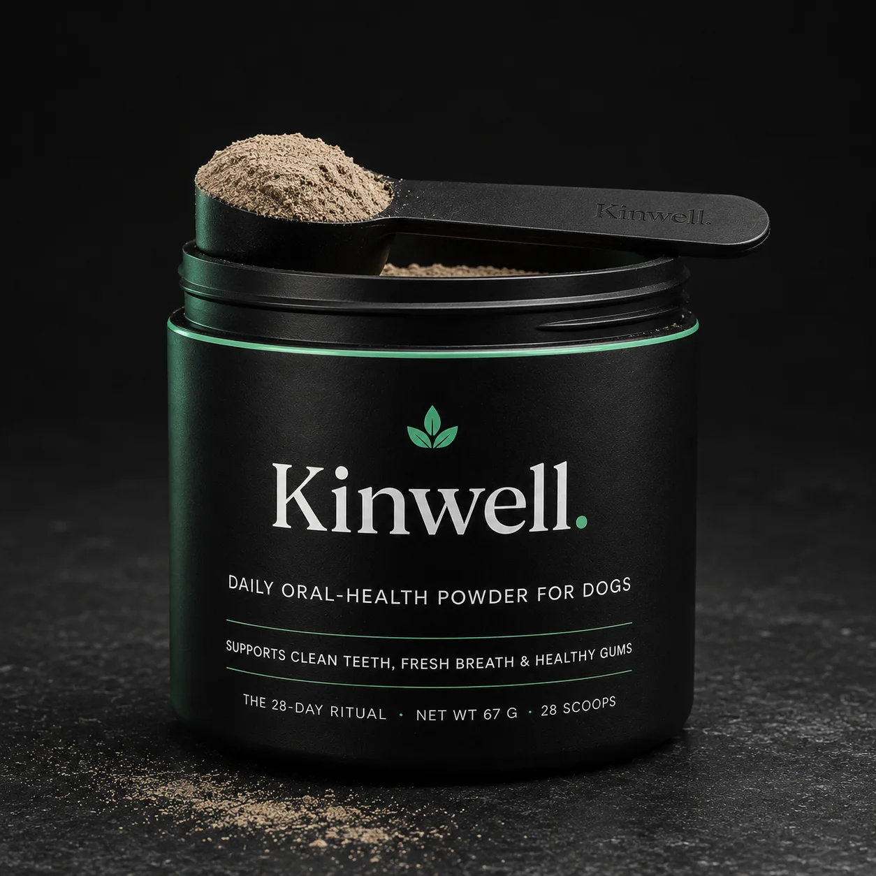 Open Kinwell jar with a scoop of powder resting across the rim