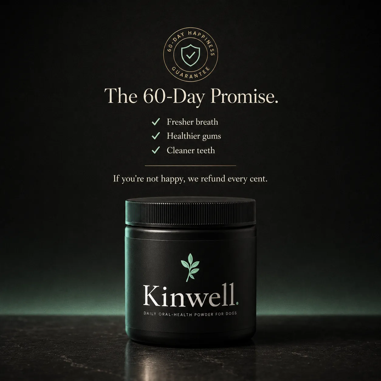 The 60-day promise: fresher breath, healthier gums, cleaner teeth, or every cent refunded; the Kinwell jar beneath the guarantee seal