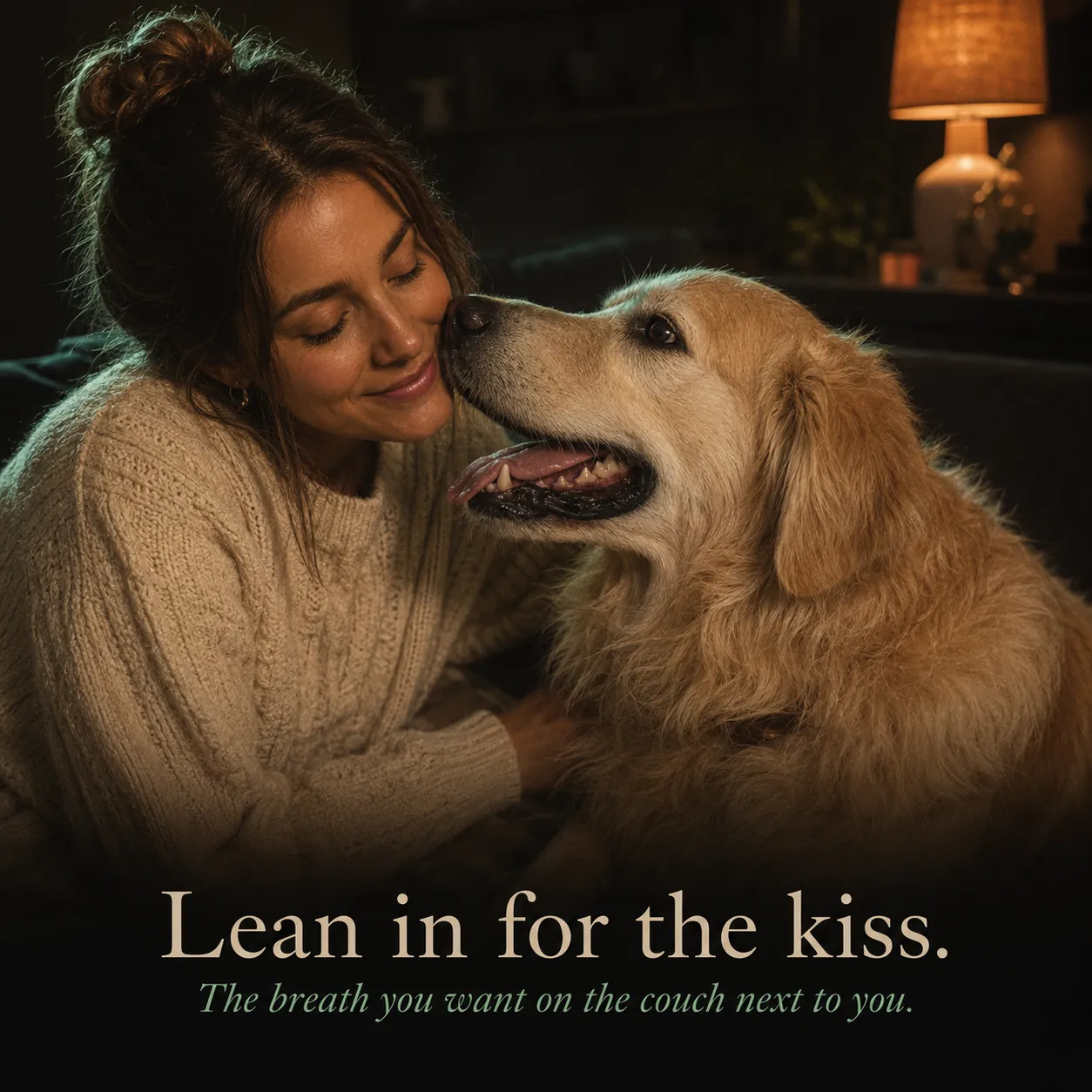 Lean in for the kiss: woman nose-to-nose with Bear, her happy golden retriever, the breath you want on the couch next to you