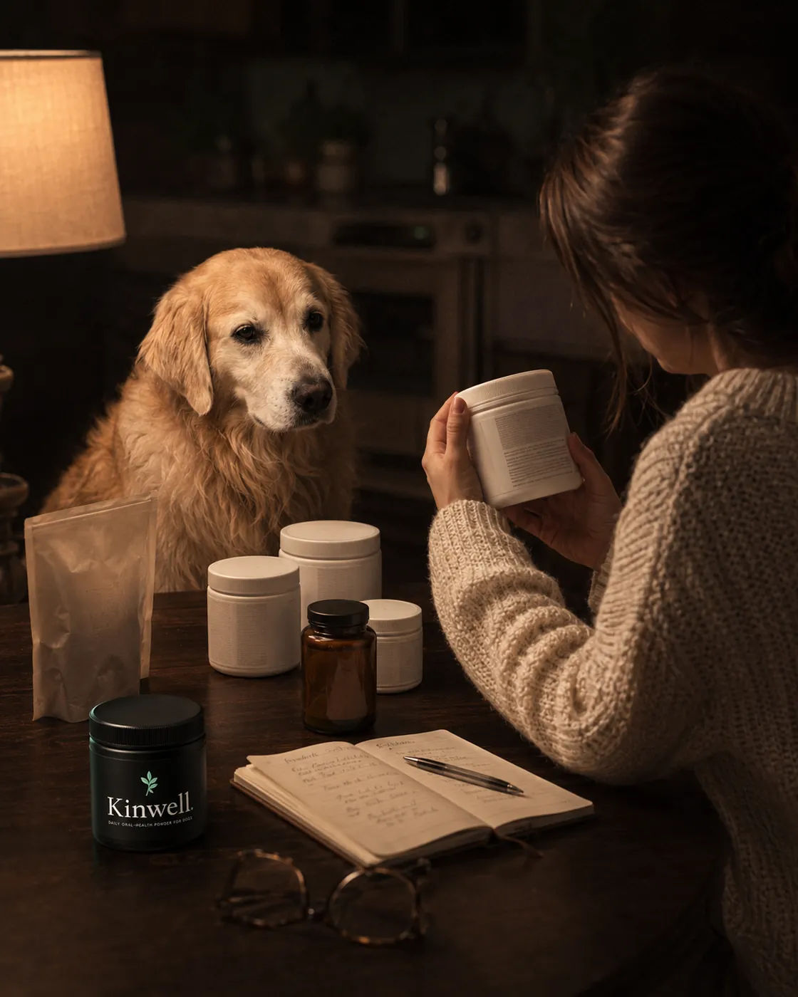 The founder at a lamplit kitchen table studying supplement labels beside a notebook of notes, Bear watching from across the table, a Kinwell jar set apart from the clutter