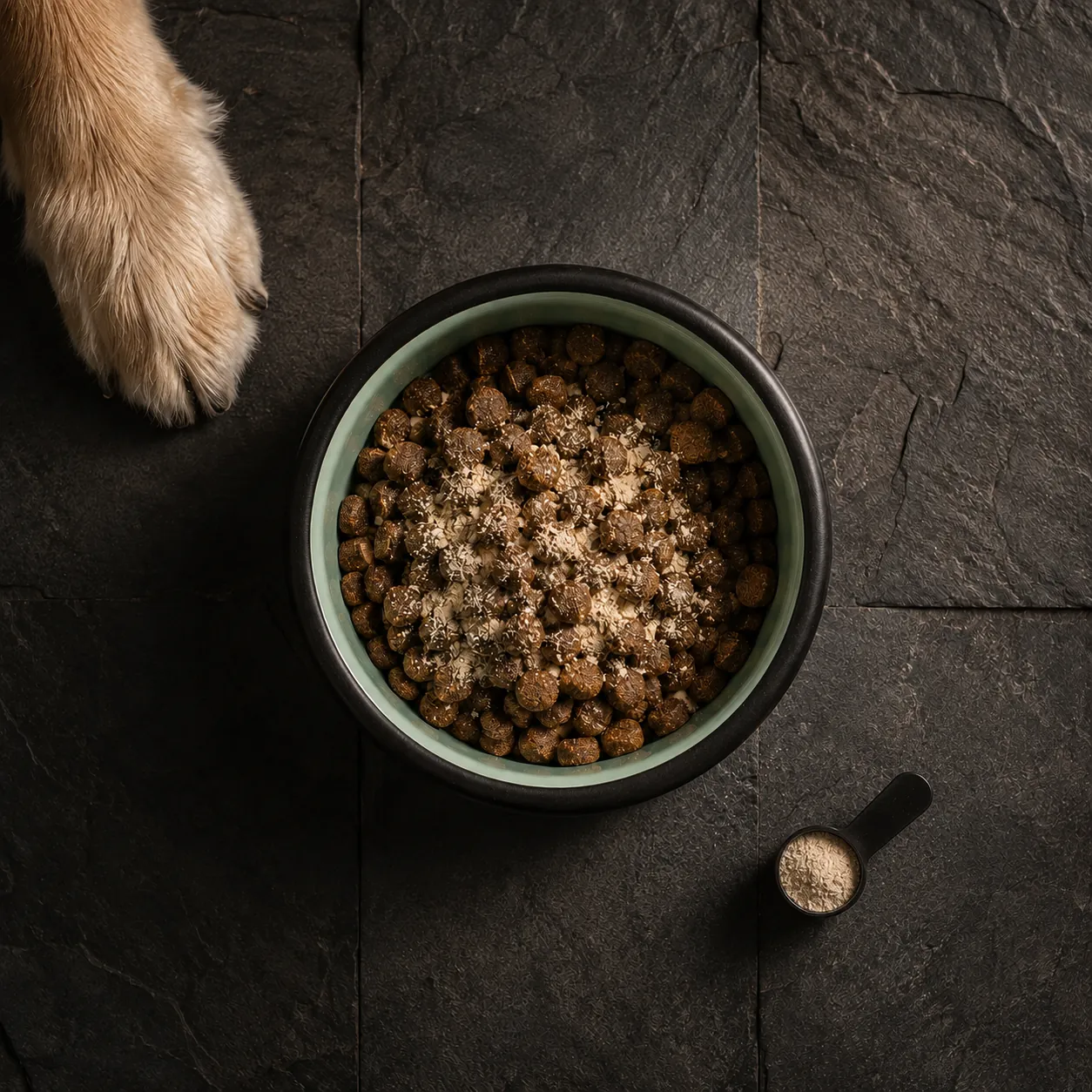 Overhead of a mint-lined dinner bowl of kibble dusted with Kinwell powder, the dosing scoop beside it and a paw stepping into frame