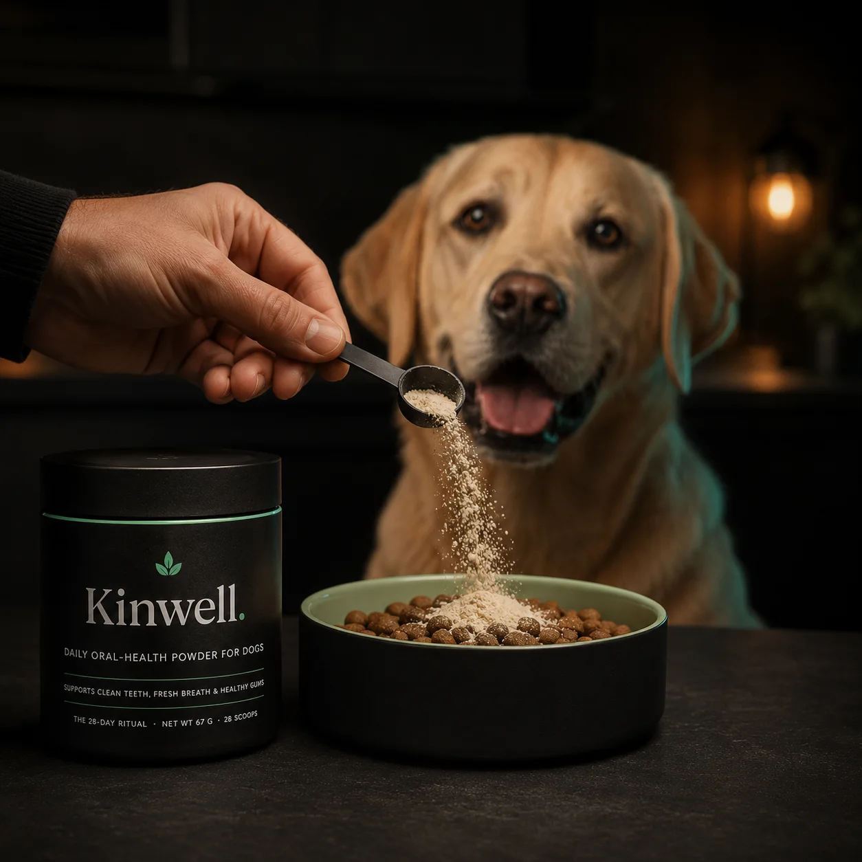 Hand sprinkling Kinwell powder over a bowl of kibble while a yellow Labrador watches