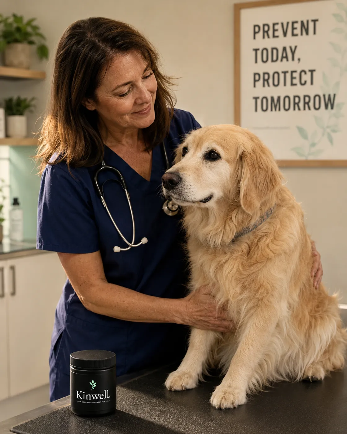 A veterinarian in navy scrubs with one arm around Bear, a golden retriever, on the exam table, a Kinwell jar beside them and a PREVENT TODAY, PROTECT TOMORROW poster on the wall